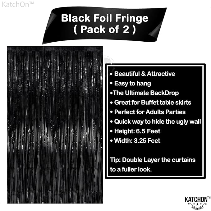 KatchOn Large Black Fringe Backdrop - Pack of 2 | Black Streamers for Graduation Decorations 2026 | Tinsel Backdrop for Anniversary, Birthday, Bachelorette | 2026 Graduation Decorations