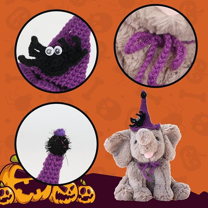 Hopearl Adorable Halloween Plush Calf Elephant Toy with Knitted Witch Hat Floppy Elephish Ultra Soft Stuffed Animal for Boys Girls Kids Toddlers, Gray, 10''