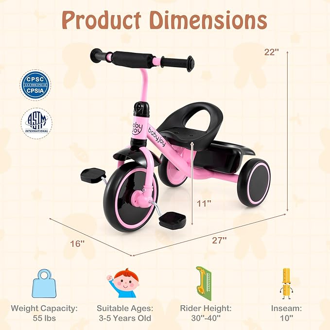 BABY JOY Toddler Tricycle, Kids Trike with Adjustable Seat and Storage Basket for Boys Girls Indoor and Outdoor Riding, Toddler Trike for Baby 3-5 Years Old (Pink)