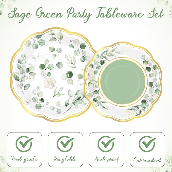 60 Pcs Eucalyptus Greenery Paper Plates 9 in and 7 in Sage Green Dessert Party Plates with Gold Rim Disposable Floral Shape Tableware for Wedding Birthday Party Baby Shower Bridal Shower