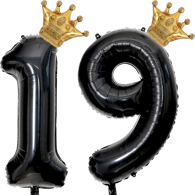 40 inch Large Black 19 Balloon Number with Gold Crown Balloons 19th Birthday Big Foil Mylar Helium Balloon for Boys Girls 19th Birthday Anniversary Decorations Supplies Favors(Number 19 Balloons）