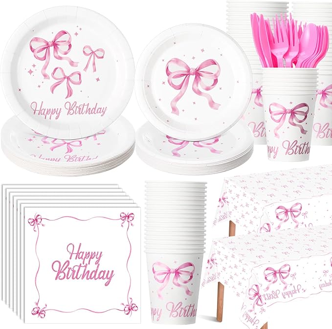 Pickmesh 194 Pcs Pink Bow Birthday Decoration Coquette Birthday Tableware Set Includes Pink Bow Paper Plates Napkins Cups Tablecloth Coquette Party Supplies for Baby Shower Bachelorette Party Decor