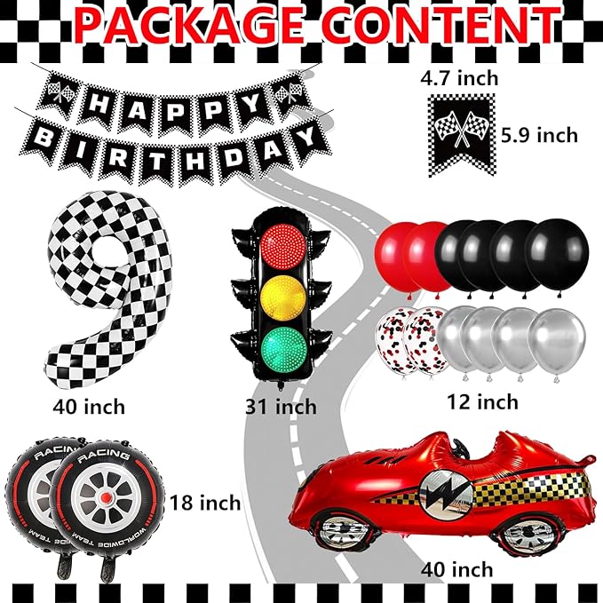 Race Car Birthday Party Decorations, with 40 Inch Number 9 Balloon, Happy Birthday Banner, Traffic Light and Foil Tire Balloon for 9th Car Themed Birthday Party Supplies