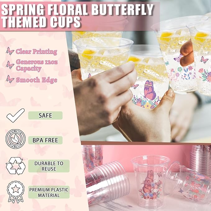 100 Pieces Butterfly Plastic Cups, 12 Oz Butterflies Floral Plastic Clear Disposable Drinking Cups for Spring Summer Party Favor Birthday Wedding Party Supplies