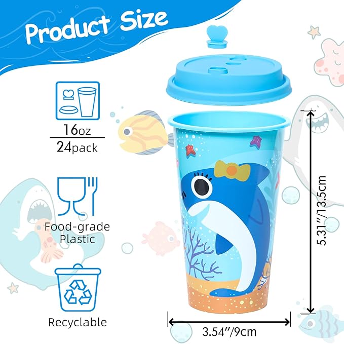 Lidmada Shark Party Favors Goodie Cups with Lids, 24 Pack Birthday Party Cups in 4 Colors, 16OZ Plastic Ocean Shark Themed Reusable Party Supplies Decorations Cups for Baby Kids Christmas Winter Gifts