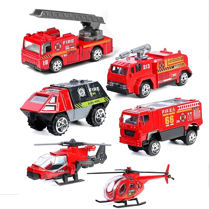 Fire Truck Toy for Boys, 6 Pcs Diecast Car Fire Truck, Helicopter,Ladder Truck, Fire Rescue Vehicle, Car Playsets Birthday Gift for Boys Kids Age 4 5 6 7 8 9 10 11 12