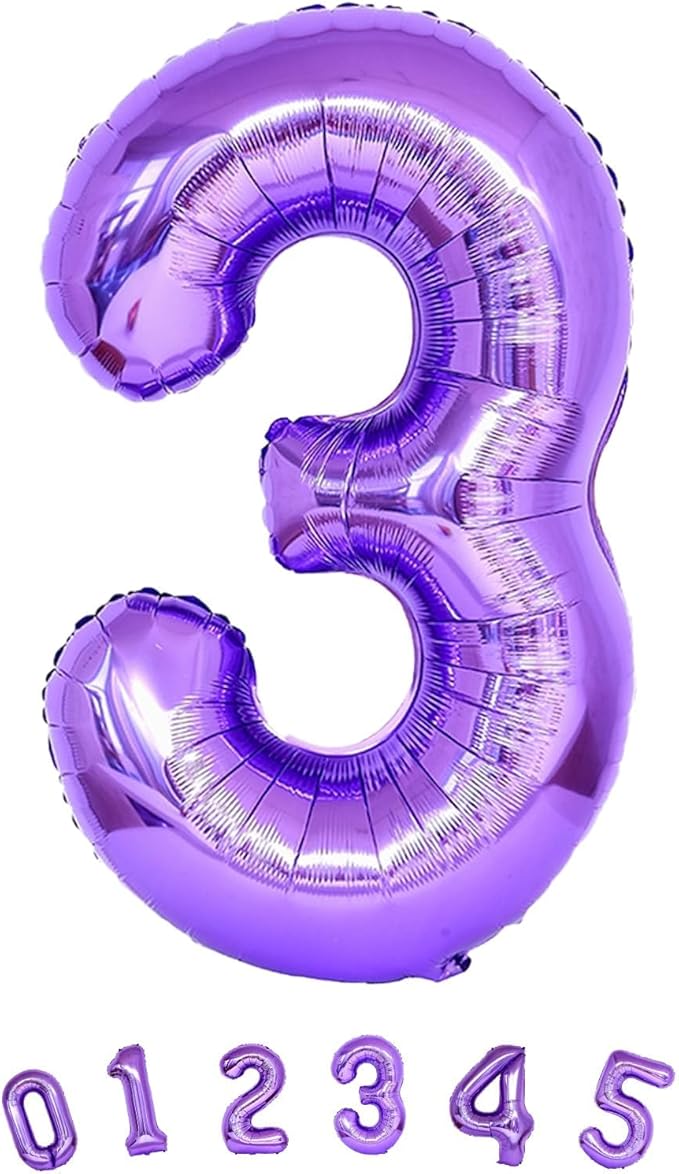 3rd Birthday Number Balloons for Kids, Self Inflating 40 Inch Purple Foil Balllons, Large Number 3 Balloons for Women 30th Birthday Party Bridal Shower Anniversary Graduation Party Decor Girl Supplies