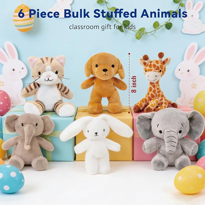 6 Pcs Stuffed Animals Bulk, 8 Inch Small Stuffed Safari Animals, Zoo Stuffed Animals Set (Cat Dog Elephants Giraffe Bunny) Baby Shower Party Decor, Easter Gift for Classroom Kids, Teens, Girls