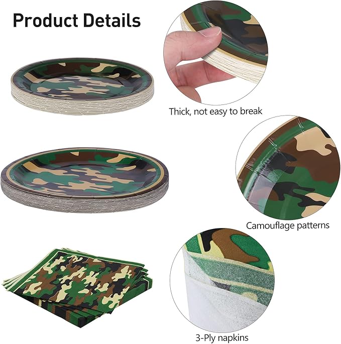 durony 96 Pieces Camouflage Themed Party Supplies Serve 24 Include Dinner Paper Plates Luncheon Napkins Party Cups for Camouflages Hunting Army Military Civil War Party Decorations