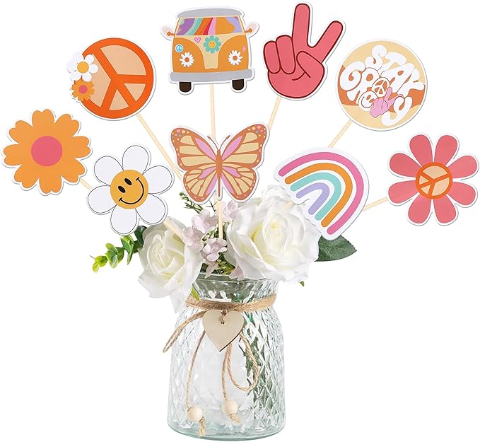 18 PCS Hippie Party Centerpiece Sticks Dasiy 60s Retro Boho Peace Sign Hand Butterfly Two Groovy Table Flower Centerpieces Sticks for Hippie Two Groovy Carnival Theme Birthday Party Supplies