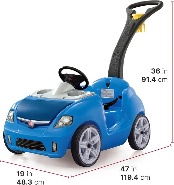 Step2 Whisper Ride II Kids Push Car, Ride-On Car with Seat Belt and Horn, Toddlers and Preschoolers Ages 18 Months–4 Years, Max Weight 50 lbs., Quick Fold Handle, Stroller Alternative, Blue