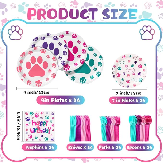 Gejoy 96pcs Dog Birthday Party Decorations Set Include Dog Print Plates Knives Forks Spoons Napkins Puppy Paw Tableware for Puppy Theme Party Supplies Kit(Sweet Color)