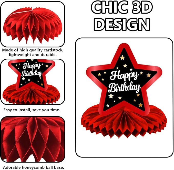 Happy 32nd Birthday Red and Black Table Honeycomb Centerpieces Balloons Theme Decor Table Decorations Table Toppers for Girls Women Princess 32 Years Old Birthday Party Bday Supplies Background Gold