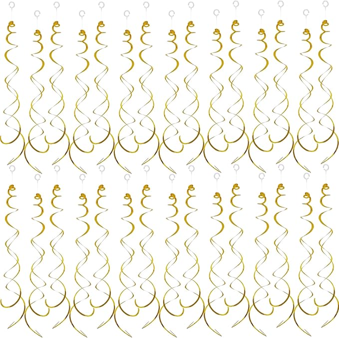 30 Pieces Hanging Swirl Party Decorations Foil Decorations Ceiling Swirl Spiral Hanging Plastic Streamer for Ceiling Birthday Graduation Wedding Celebration Baby Shower Party Supply (Gold)