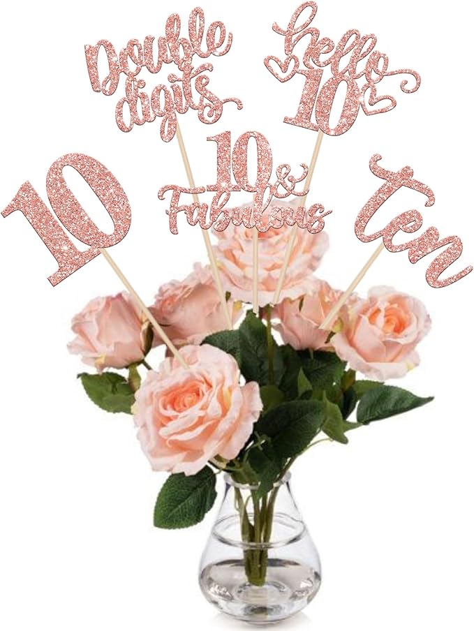 15PCS Happy 10th Birthday Centerpiece Sticks Ten Hello 10 Cheers to 10 Table Flower Centerpieces Sticks Double Digits 10 Fabulous Floral Decorations for 10th Birthday Party Centerpieces Rose Gold