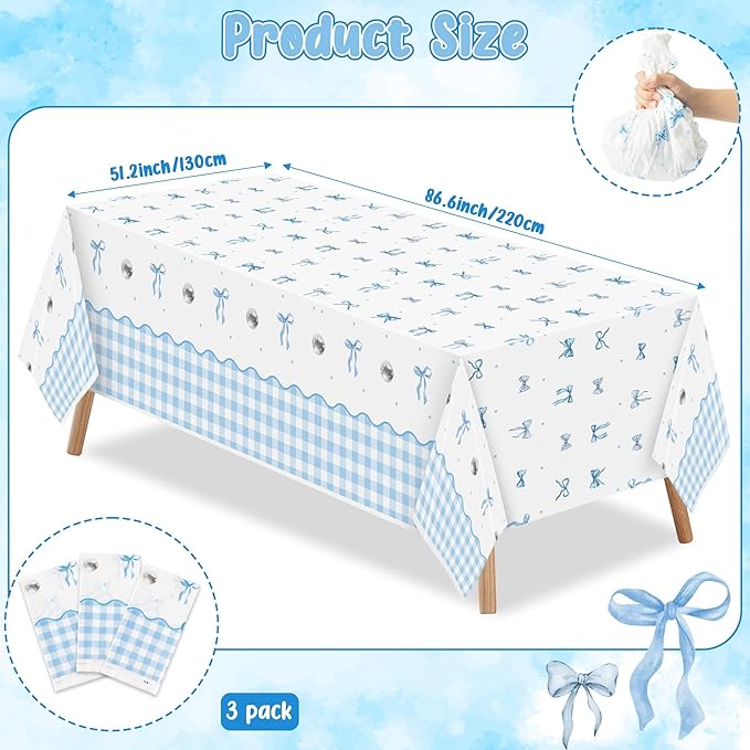 Blue Bow Party Tablecloths - 3Pcs Watercolor Blue Bow Birthday Table Cover, Disposable Plastic Rectangular Table Cloth Party Decorations for Birthday Baby Shower Wedding Supplies