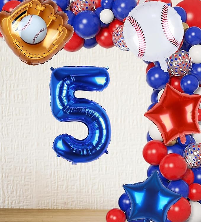 Baseball Balloons 5th Birthday Decorations for Boys | Baseball Birthday Decoration Sports Theme Party Supplies, 32Inch Foil Mylar Number 5 Balloon Navy Blue Red White Sports Balloon Arch Kits