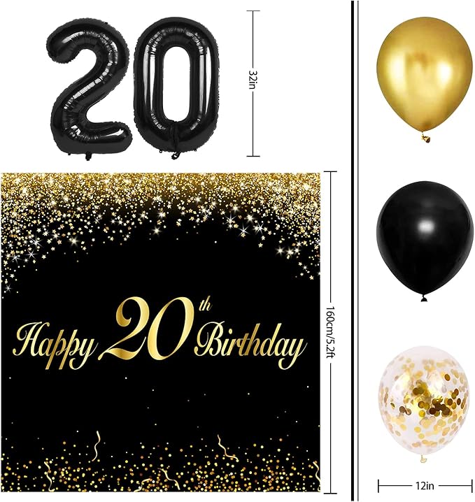 Happy 20th Birthday Balloons Black Set Decor - Cheers to 20 Years Old Party Theme Garland Banner Backdrop Decorations For Women and Men Supplies