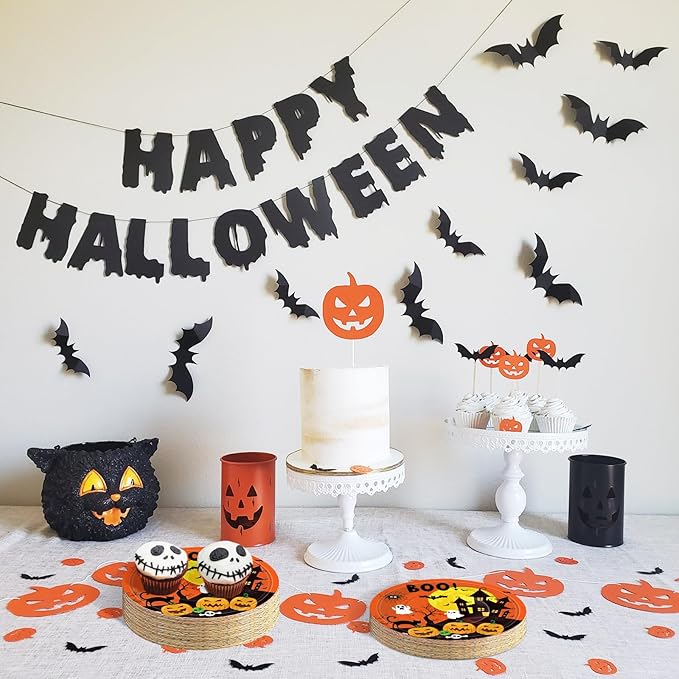 50 Pcs 9-Inch Halloween Paper Plates - Spooky Haunted House Party Supplies Set, Disposable Tableware with Ghost, Pumpkin, and Bat Designs for Candy, Snack, Dessert, Trick or Treat Decorations