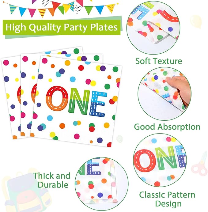 CHUNNIN 96pcs Rainbow 1st Birthday Plates and Napkins Confetti Happy Birthday Party Decorations with Polka Dot Confetti Dessert Plates Colorful 1st Tableware for 24 Guests 1 Year Old Party Supplies