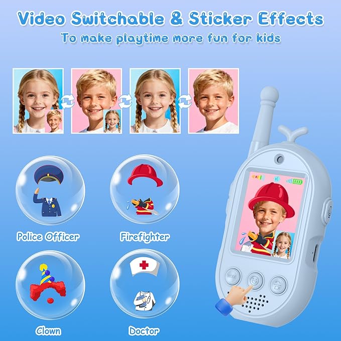 Video Walkie Talkies for Kids Toys - 2 Pack Rechargeable Walkie Talkie with Camera and Screen,Long Range 2 Way Radio for Outdoor Camping Games,Christmas Birthday Gifts for Boys Girls Age 3-12(Blue)