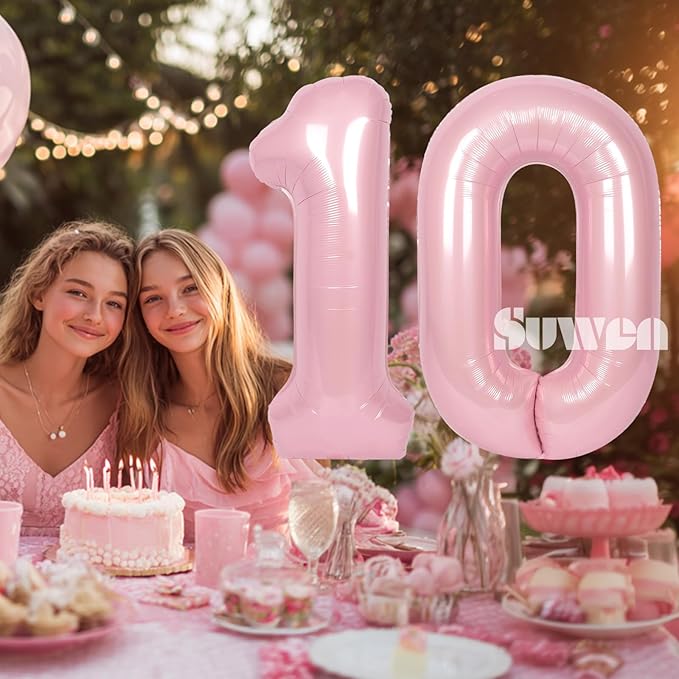 SUWEN 40 Inch Pink Large 10 Balloon Numbers Big Foil Helium Number Balloons 0-9 Jumbo Happy 10th Mylar Birthday Party Decorations for Girl Anniversary Party Supplies