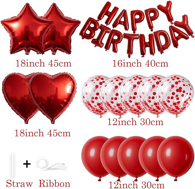 27 Pcs Red Birthday Decorations, 3D Foil Red Happy Birthday Balloon Banner, Pentagram Heart Foil Balloons Confetti Balloons Kit For Boys Girls Birthday Party Supplies
