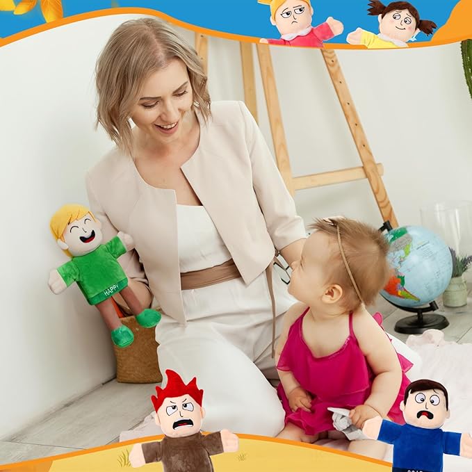 Lenwen 6 Pcs Feelings Hand Puppets for Kids, Emotions Toys, Soft Plush Sensory Puppets with Movable Limbs, Core Emotions Set for Storytelling, Social Emotional Learning Activities