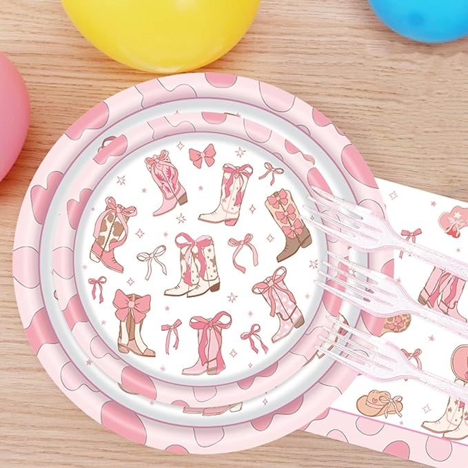 96 Pcs Cowgirl Party Supplies, Western Cowgirl Birthday Party Decorations Plates Set Includes Plate, Napkin, Forks, for Girl Birthday Decorations Baby Shower- Serve 24