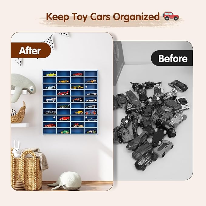 Toy Car Display Shelf, Holds 40 Diecast 1/64 Toy Cars, Wall Mount Model Car Storage Organize Case, Blue