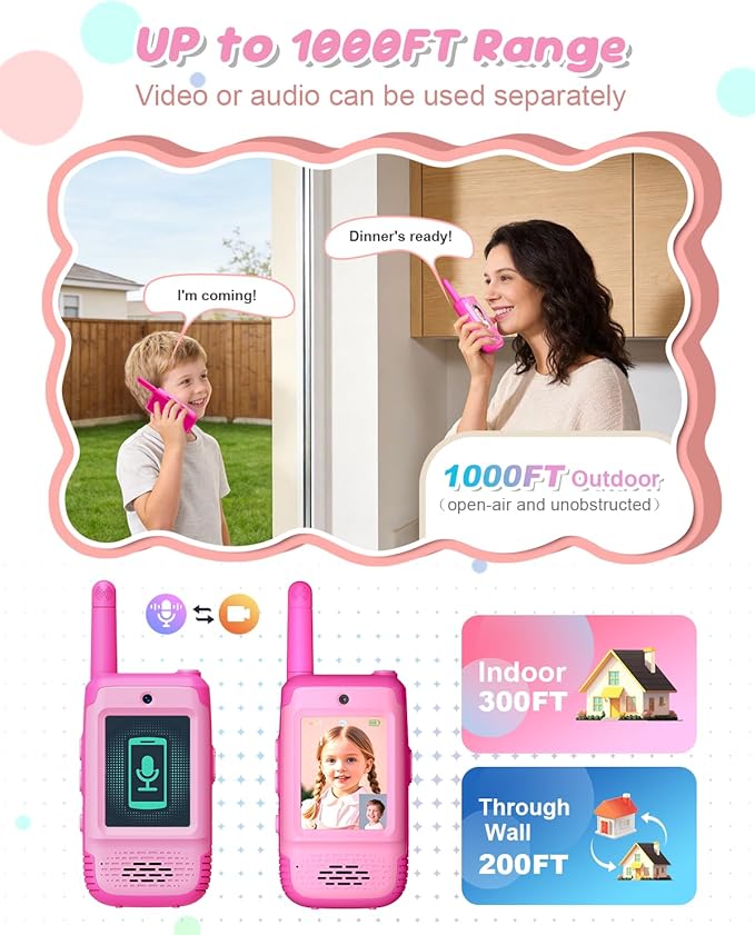 Video Walkie Talkies for Kids, Toys for Girls Ages 3-12, Kids Walkie Talkies 2 Pack with HD Video & 3 Voice Changers, Christmas Birthday Gifts for Kids Indoor Outdoor Camping Backyard Games (Pink)