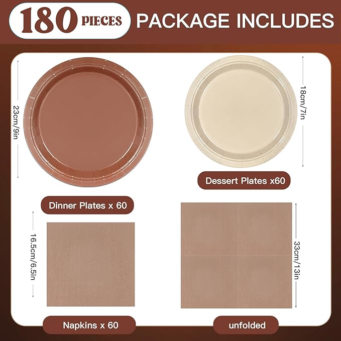 180Pcs Brown Paper Plates Party Supplies Boho Paper Plates and Napkins Serve 60 Disposable Tableware Set for Birthday Party Decorations Game Day Family Holiday Sports Events