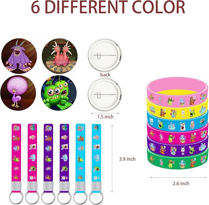 Monster Party Favors Monster Party Supplies Include 12 Bracelets-50 Stickers-12 Button Pins-12 Keychain for Monster Party Decorations…
