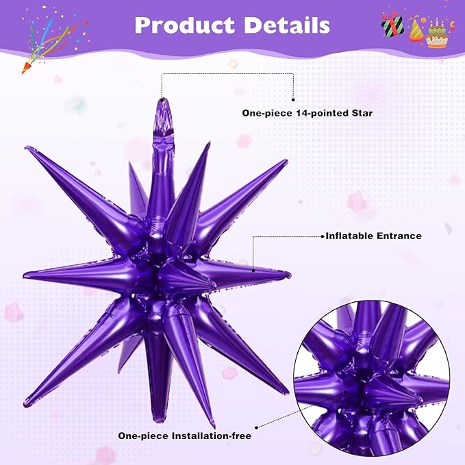 6 Pcs Silver Star Foil Balloons One-Piece 14-Pointed Star Balloon 4D Starburst Cone Mylar Balloon 22inch Christmas Birthday Wedding Wedding Anniversary Party Supplies (Silver + Purple)
