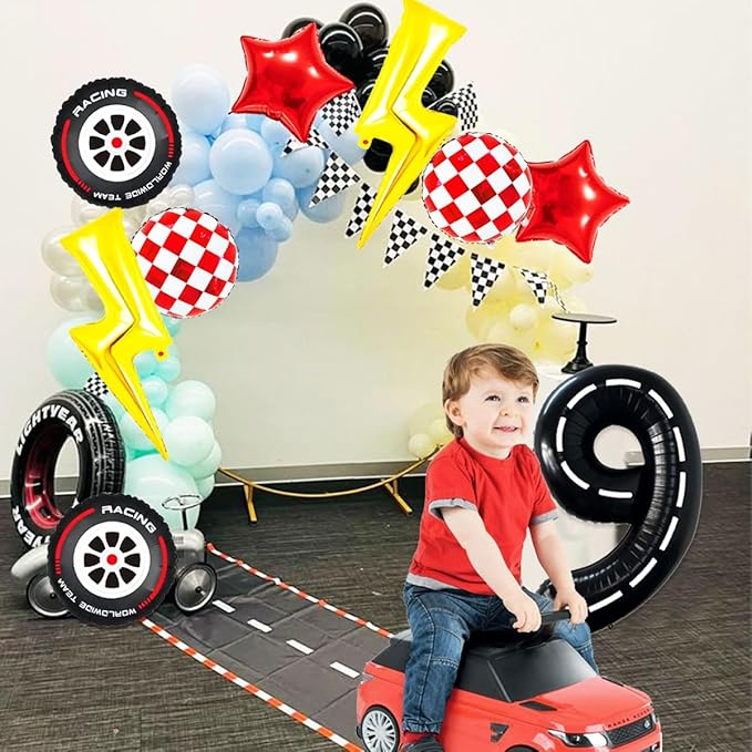 Race Car Birthday Party Decorations Large Lightning Bolt Foil Balloons Race Car Balloons 40 Inch Racetrack Number 9 Balloon for Boys 9th Race Car Birthday Party Decor Supplies