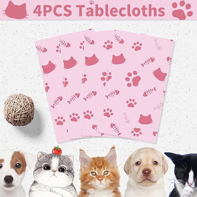 4 Pack Cat Tablecloth Paw Print Tablecloth Cat Themed Table Cover Cats Dogs Plastic Tablecover Bone Sign Table Cloth Cat Party Supplies Cat Birthday Decorations Kitty Theme Birthday Decor 86 x 51 Inch