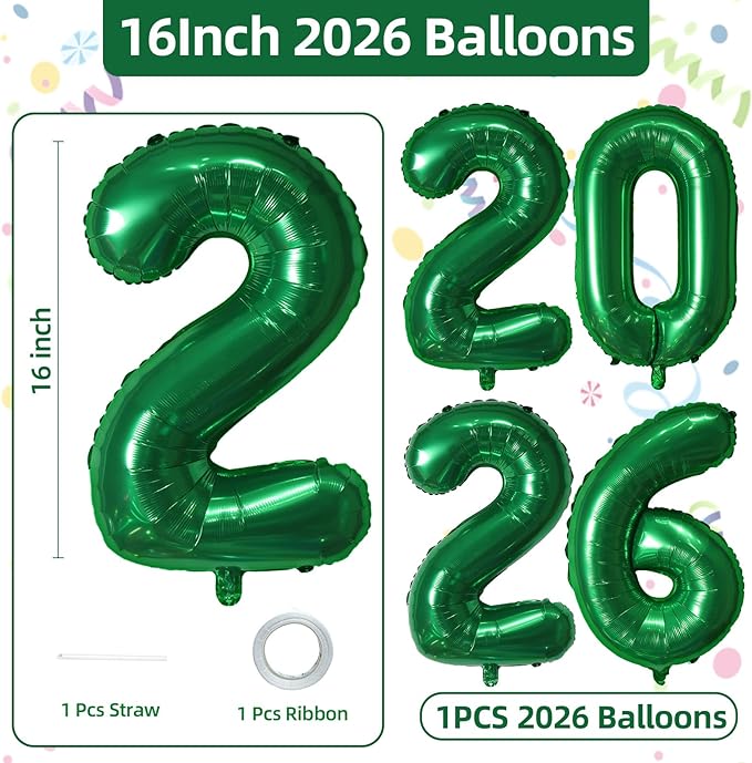 KALOR 16 Inch 2026 Green Foil Number Balloons, 2026 New Years Decorations for 2026 Happy New Year Eve and Graduations Party Supplies