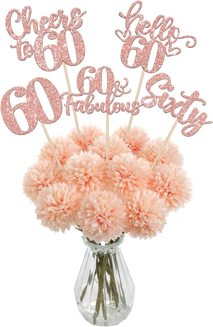 15PCS Happy 60th Birthday Centerpiece Sticks Sixty Hello 60 Cheers to 60 Table Flower Centerpieces Sticks 60 Fabulous Floral Decorations for Happy 60th Birthday Party Centerpieces Supplies Rose Gold