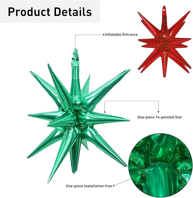 6 Pcs Star Foil Balloons One-Piece 14-Pointed Star Balloon 4D Starburst Cone Mylar Balloon 22inch Christmas Birthday Wedding Wedding Anniversary Party Supplies (Red + Green)