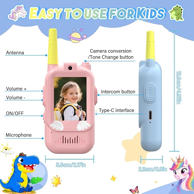 Video Walkie Talkies for Kids,ELFEYE Handheld Rechargeable Video/Voice Call Children Walkies Talkies,Toddler Toy for Indoor Outdoor Games,Camping Hiking,Gift for Kids Ages 3-12 (Blue/Pink)
