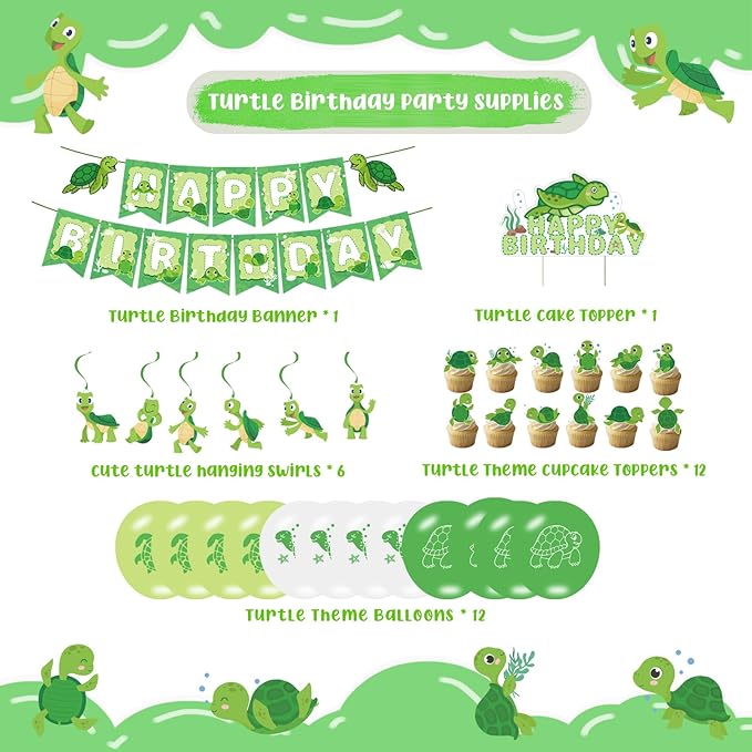 Cute Turtle Party Supplies - Birthday Banner, Hanging Swirls, Green Turtle Baby Cake Toppers, Balloons for Kids Animal Theme Baby Shower, Birthday Party Decors