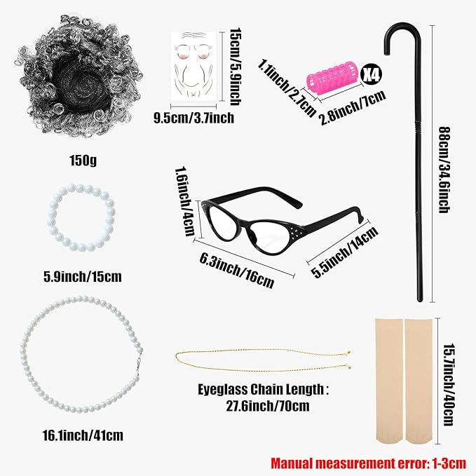 Girls 100th Day of School Costume – Kids Old Lady Granny Dress Outfit with Wig, Glasses, Cane & Accessories,13-Piece