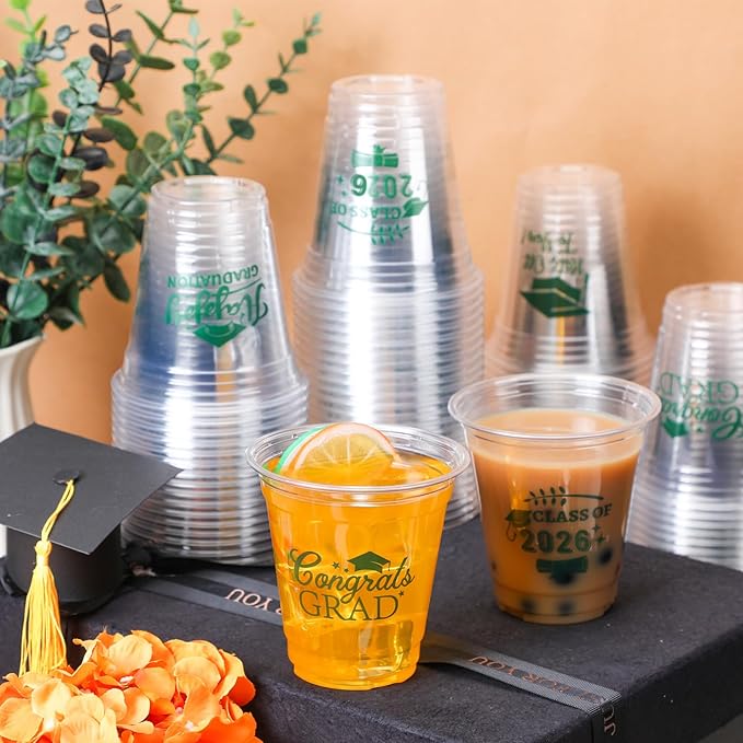 Eaasty 200 Pcs 12oz Graduation Cups 2026 Disposable Plastic Cups for Class of 2026 Graduation Party Congrats Grad Elegant Party Supplies Tableware Decorations (Green)
