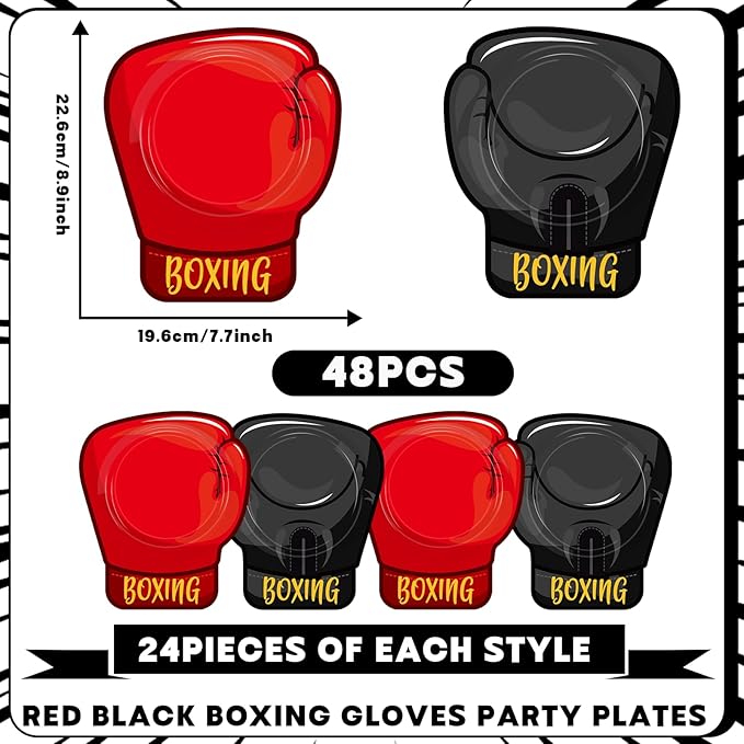 48PCS Boxing Birthday Party Supplies Red Black Boxer Gloves Plates Wrestling Tableware Set Boxing Disposable Dinner Dessert Dinnerware for Men Kid Adult Sports Birthday Party Decorations