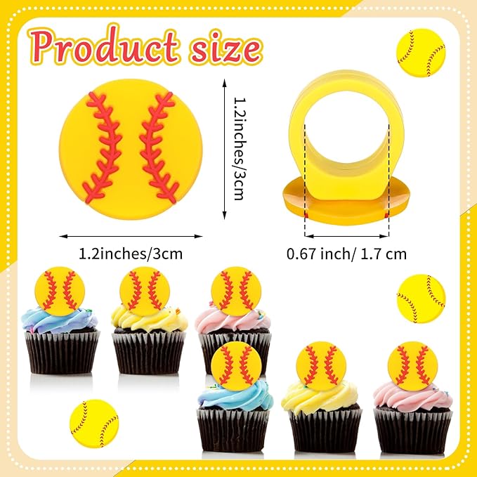 Honeydak 48 Pcs Softball Cupcake Rings Toppers Decoration Sport Ball Theme Cake Picks Softball Party Decoration Sport Cupcake Toppers Rings for Birthday Party Supplies
