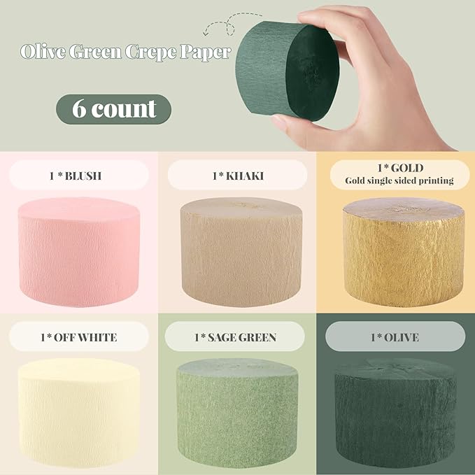 Wedding Party Decorations, 6 Rolls Sage Green Crepe Paper Streamers or Green Boho Wedding, Bridal Shower, Bachelorette, Woodland Party Supplies Decor
