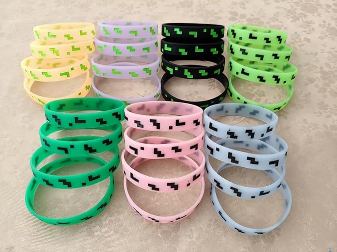 Pixel Party Favors,Miner Birthday Decorations,28 Pieces Glow in the Dark Silicone Bracelets,Birthday Party Supplies for Kids