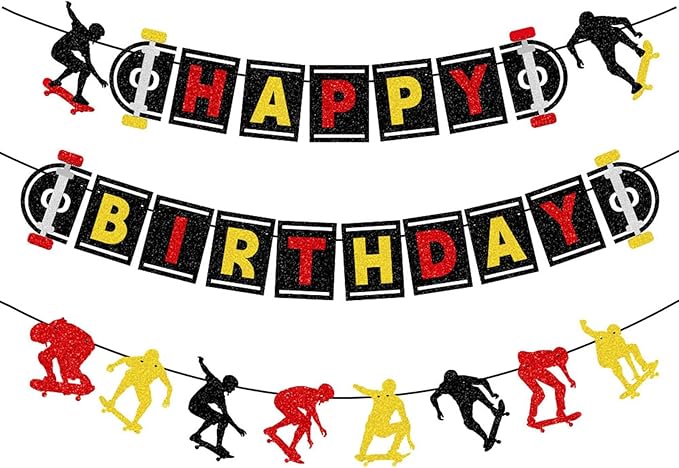 Zwiebeco Black Red Yellow Skateboard Happy Birthday Banner Bunting Hanging Paper Garland Party Decorations for Skater Boys Girls Kids Adults Sports Themed Bday Decor Accessories Supplies