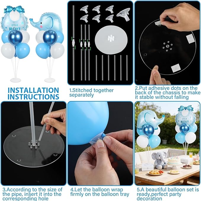 Blue Elephant Party Balloons Stand Kit 2 Sets with Blue Elephant Bib Foil Balloons Cute Elephants 1st Party Balloon Centerpieces for Tables for Animal Themed Birthday Decorations