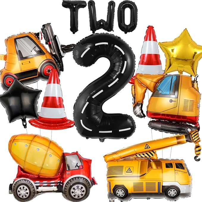 13pcs Construction Theme Birthday Party Decorations, Number 2 Large Construction Truck Traffic Cones Foil Balloon, 2nd Boy Birthday Party Decoration Supplies (2nd)